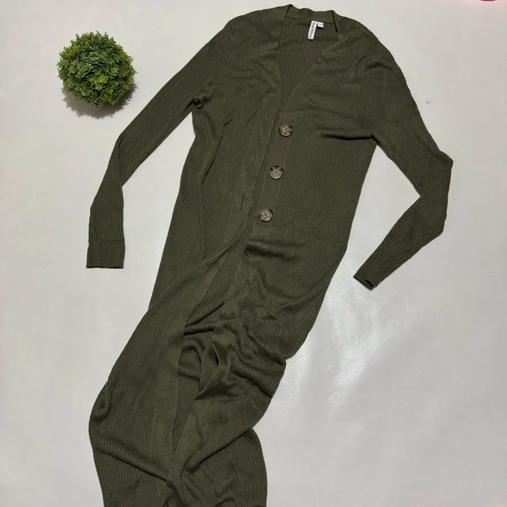 Rue & Willow Olive Army Green Ribbed Knit Long Duster Trench Cardigan Sweater‎